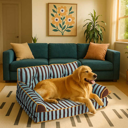 Striped Water-Repellent Dog Sofa Bed for Medium & Large Dogs, Foldable Bolster Pet Couch for Crates, Naps & Living Rooms, Soft Supportive Cushion