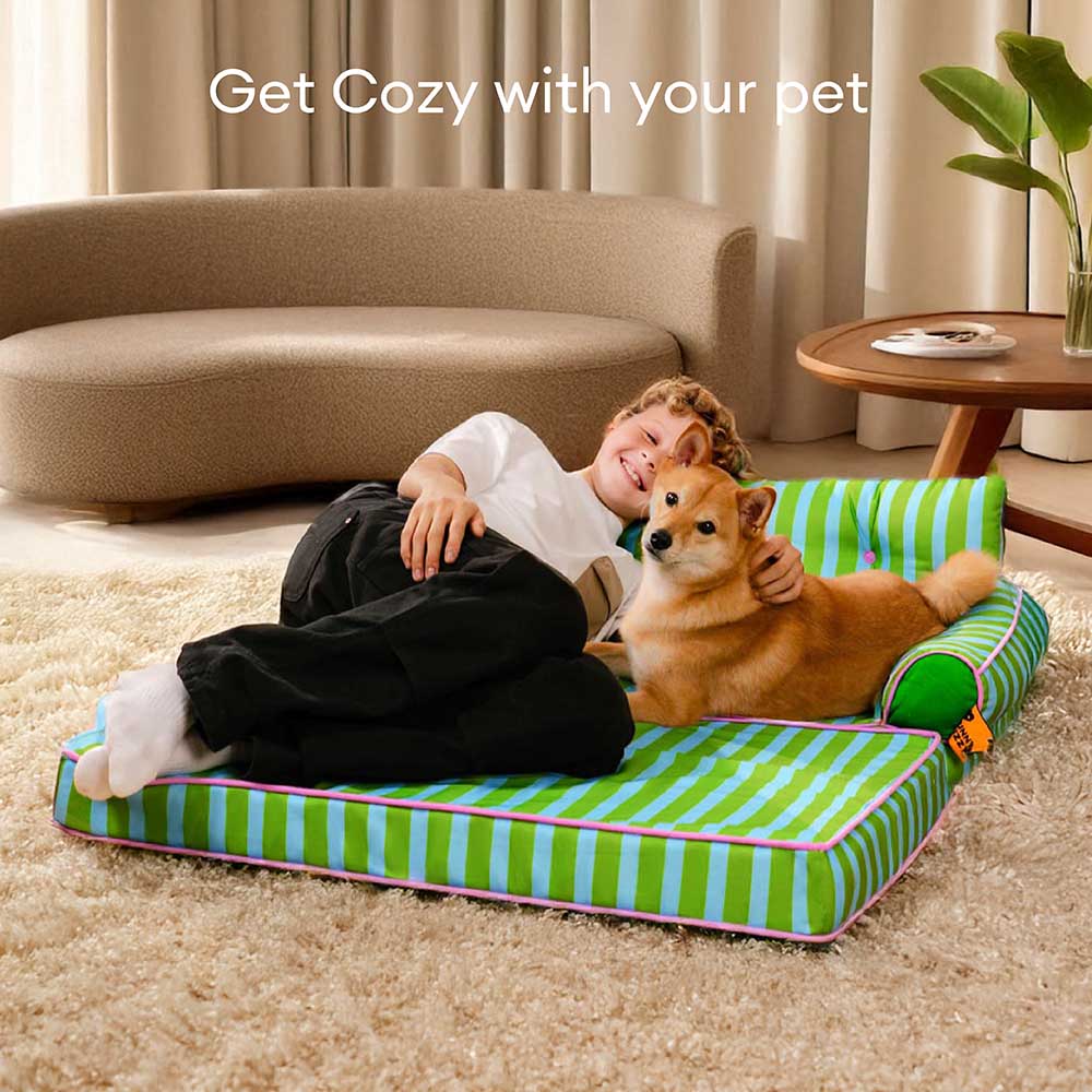 Striped Water-Repellent Dog Sofa Bed for Medium & Large Dogs, Foldable Bolster Pet Couch for Crates, Naps & Living Rooms, Soft Supportive Cushion