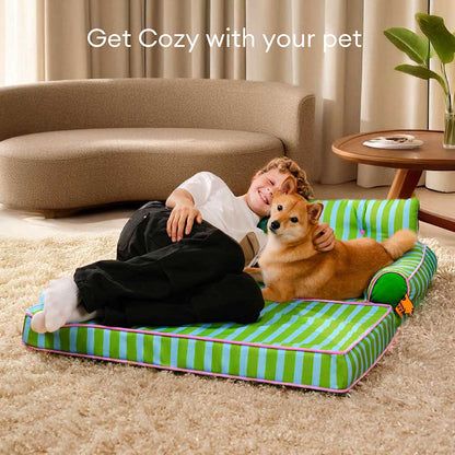 Striped Water-Repellent Dog Sofa Bed for Medium & Large Dogs, Foldable Bolster Pet Couch for Crates, Naps & Living Rooms, Soft Supportive Cushion