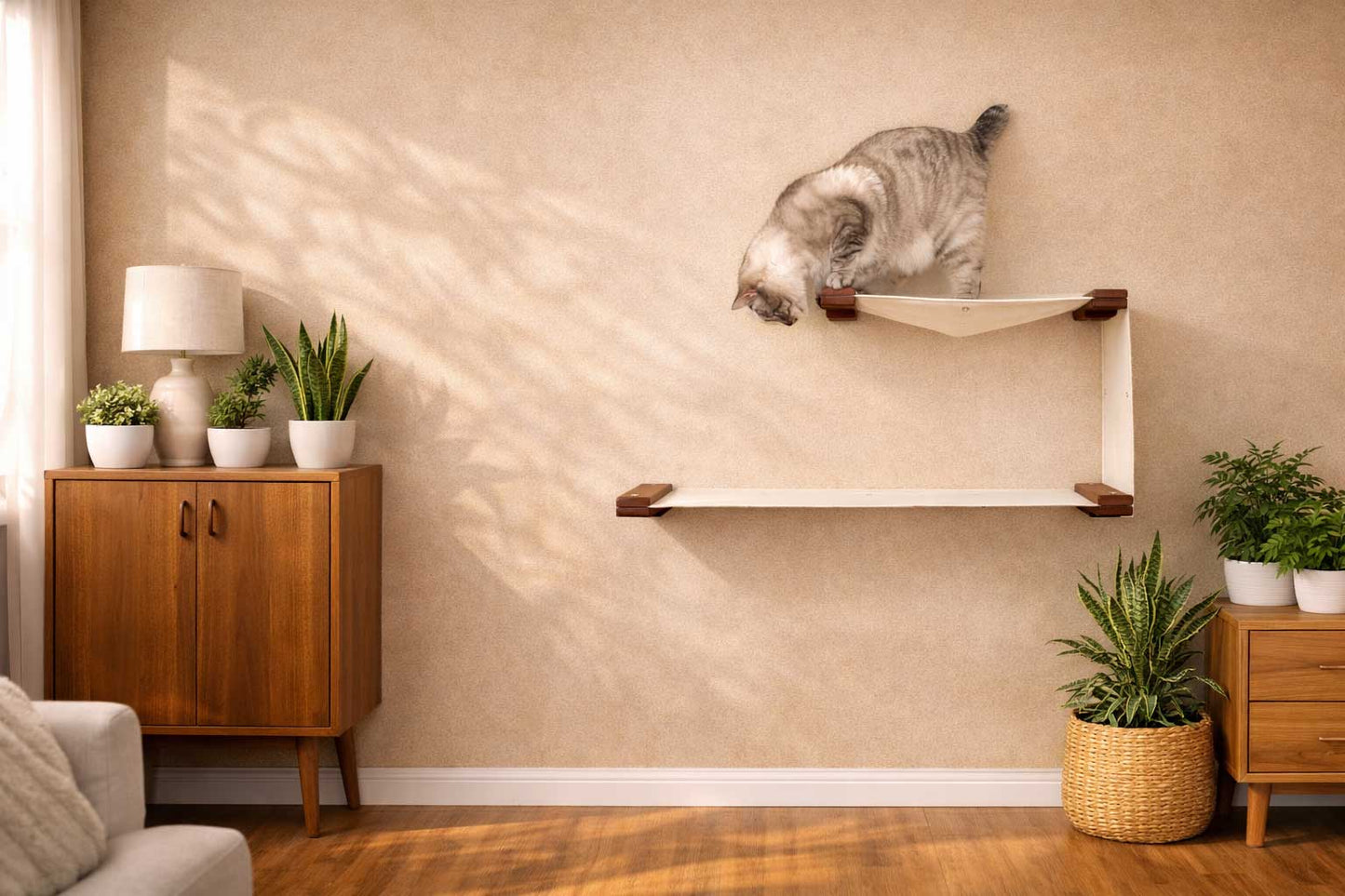 Double Decker Wall-Mounted Cat Hammock Set for Multi-Cat Homes, Two-Level Hanging Bed with Privacy Wall, Canvas Cat Wall Furniture for Climbing & Naps
