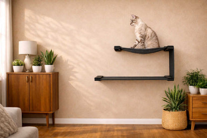 Double Decker Wall-Mounted Cat Hammock Set for Multi-Cat Homes, Two-Level Hanging Bed with Privacy Wall, Canvas Cat Wall Furniture for Climbing & Naps