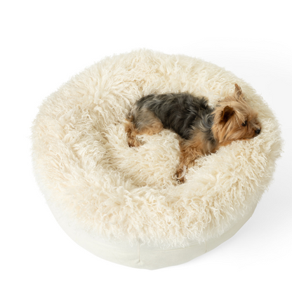 Luxe Faux Fur Donut Pet Bed for Cats & Small Dogs, Calming Plush Round Cuddler with Removable Washable Cover, for Snuggling, Bedrooms & Living Rooms