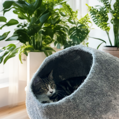 Graphite Ombre Wool Cat Cave for Indoor Cats, Hand-Felted Merino Wool Hideaway Bed, Cozy Enclosed Pet Cave for Napping, Hiding & Quiet Retreats