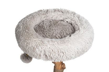 Bolstered Cat Tree Perch Bed for Cats Under 15 Lbs, Round Replacement Perch Cushion with Raised Sides & Pom-Pom Toy, Easy Screw-On Installation