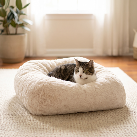 Plush Pouf Cat Bed for Indoor Cats, Ultra Soft Faux Fur Round Pet Bed with Hypoallergenic Fill, Machine Washable, for Napping, Couches & Bedrooms