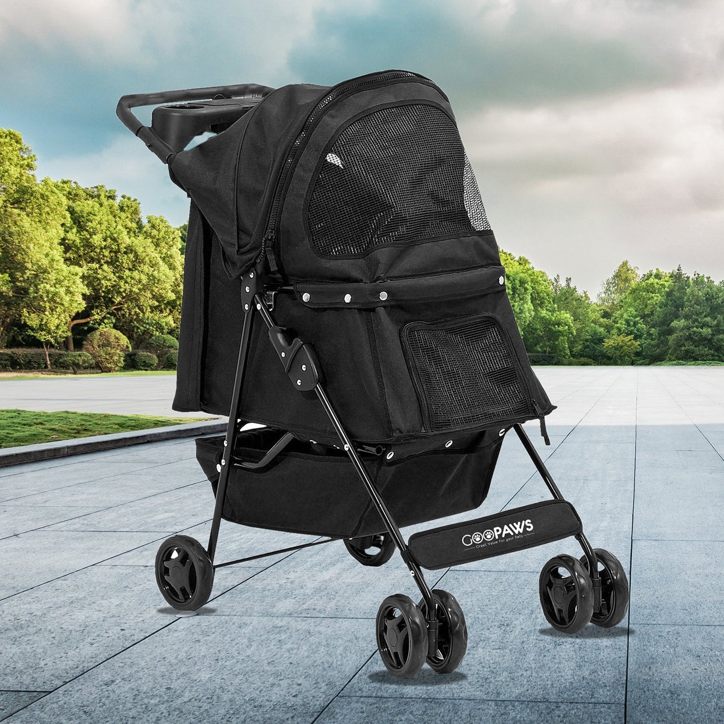 4-Wheel Pet Stroller for Small Dogs & Cats, Folding Dog Stroller with Zippered Mesh Windows, Swivel Wheels, Cup Holders & Storage, for Walks & Travel