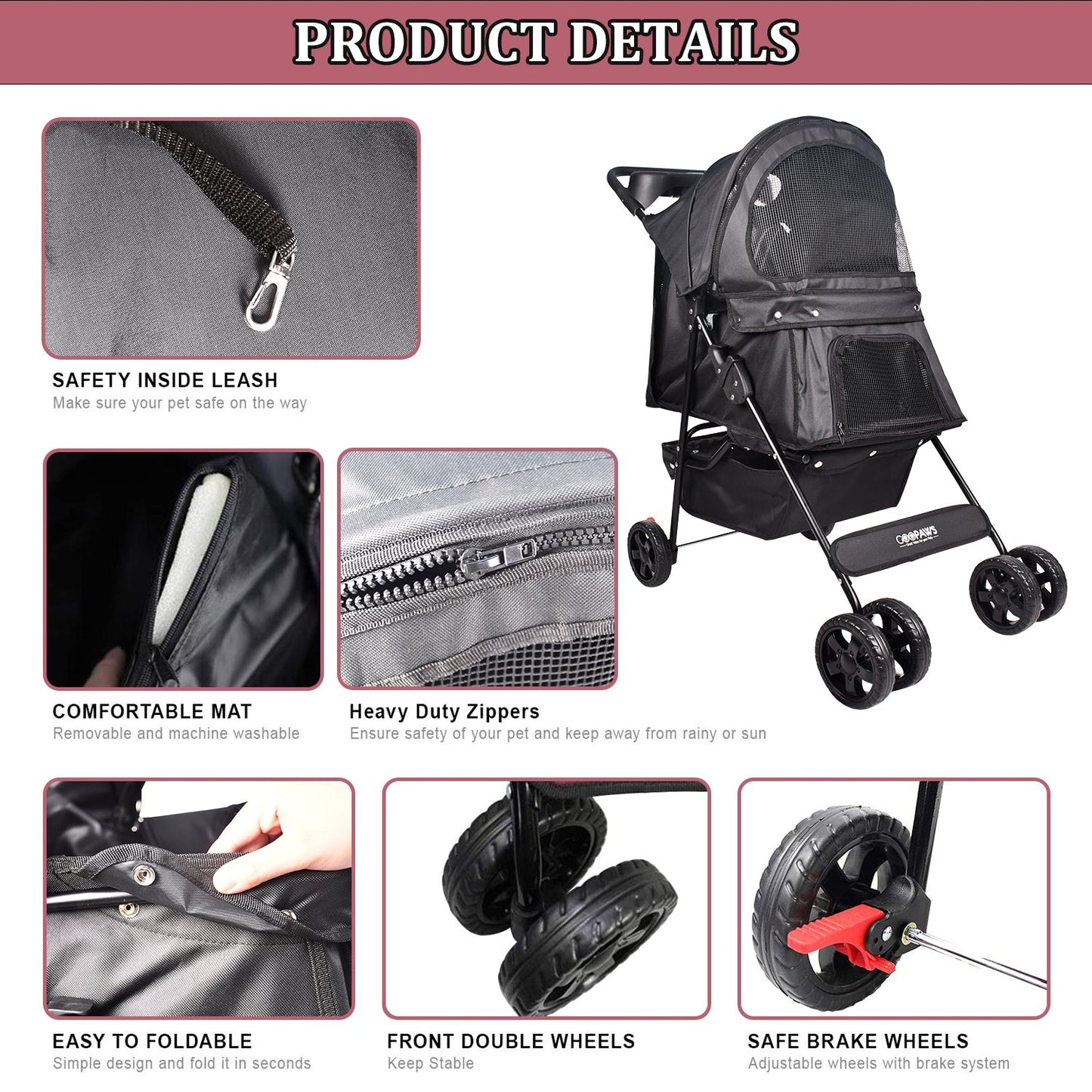 4-Wheel Pet Stroller for Small Dogs & Cats, Folding Dog Stroller with Zippered Mesh Windows, Swivel Wheels, Cup Holders & Storage, for Walks & Travel