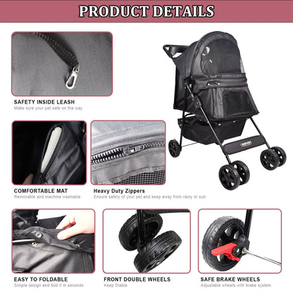 4-Wheel Pet Stroller for Small Dogs & Cats, Folding Dog Stroller with Zippered Mesh Windows, Swivel Wheels, Cup Holders & Storage, for Walks & Travel