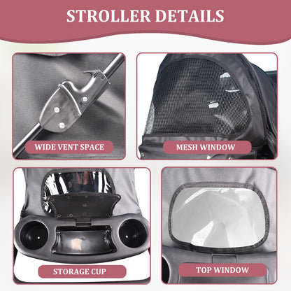 4-Wheel Pet Stroller for Small Dogs & Cats, Folding Dog Stroller with Zippered Mesh Windows, Swivel Wheels, Cup Holders & Storage, for Walks & Travel