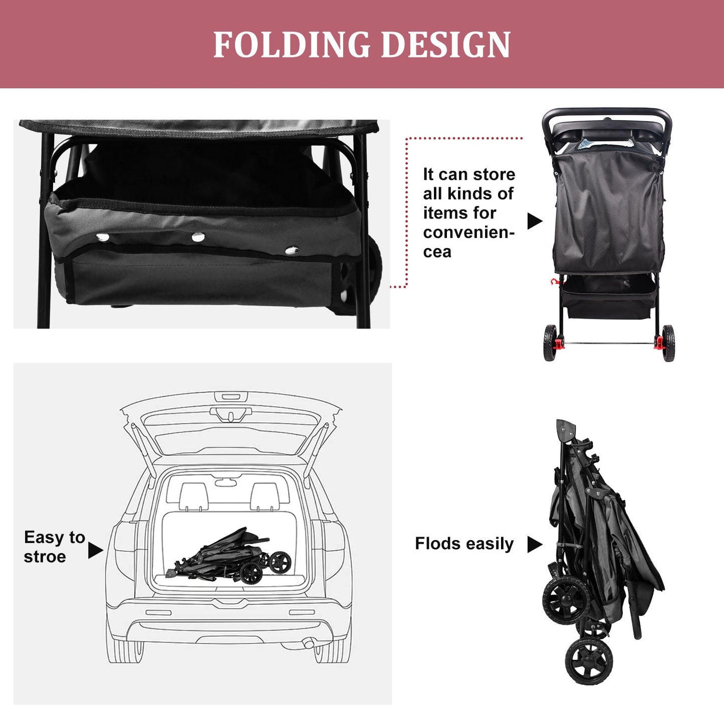 4-Wheel Pet Stroller for Small Dogs & Cats, Folding Dog Stroller with Zippered Mesh Windows, Swivel Wheels, Cup Holders & Storage, for Walks & Travel