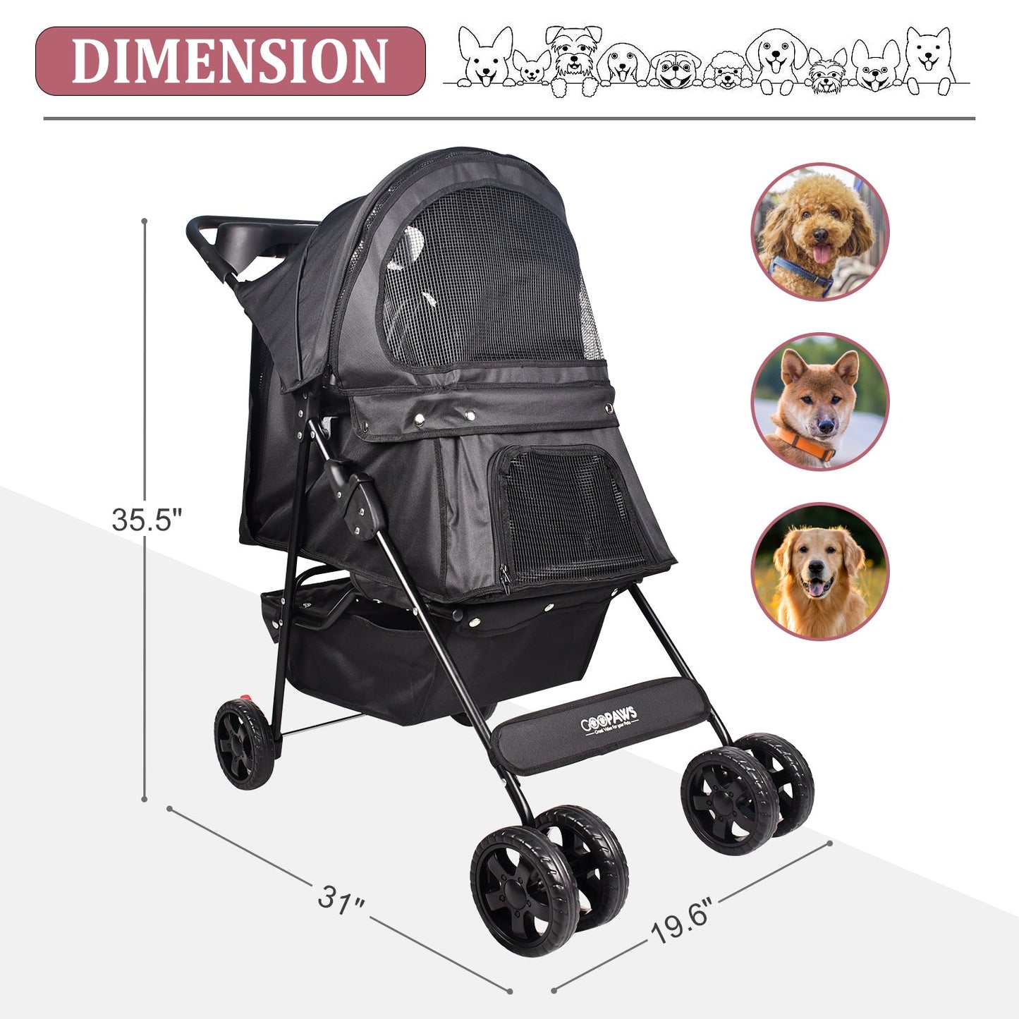 4-Wheel Pet Stroller for Small Dogs & Cats, Folding Dog Stroller with Zippered Mesh Windows, Swivel Wheels, Cup Holders & Storage, for Walks & Travel