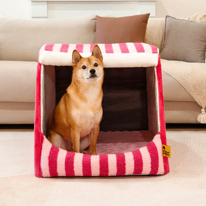 Striped Dog House Bed for Small & Medium Dogs, Covered Plush Pet Hideaway with Foam Support, Washable Covers, Non-Slip, for Cats, Bedrooms & Corners