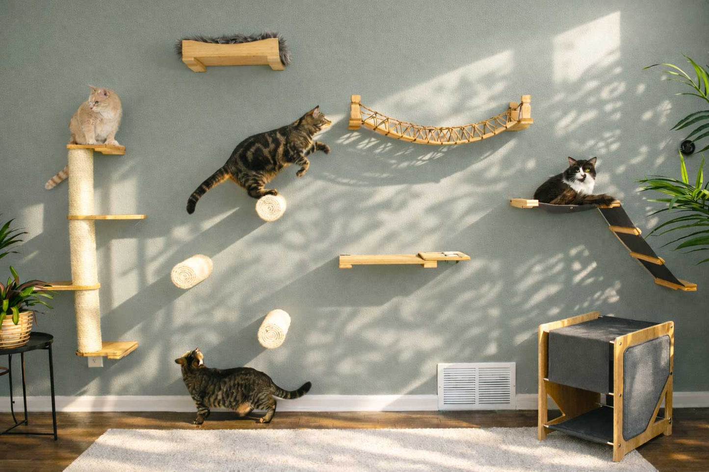 Wall-Mounted Cat Shelf for Indoor Cats, Solid Bamboo Floating Perch with Optional Faux Fur Plush Bed, Space-Saving Wall Furniture for Lounging & Climbing