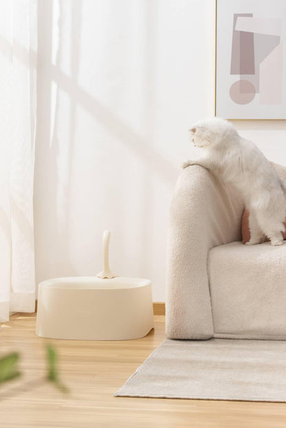 High-Sided Open Cat Litter Box for High-Spraying Cats, Extra Large Deep Anti-Scatter Litter Pan with Scoop, BPA-Free, Easy Clean, Modern Design