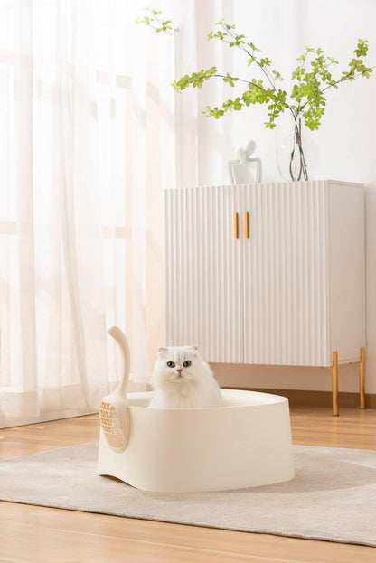 High-Sided Open Cat Litter Box for High-Spraying Cats, Extra Large Deep Anti-Scatter Litter Pan with Scoop, BPA-Free, Easy Clean, Modern Design