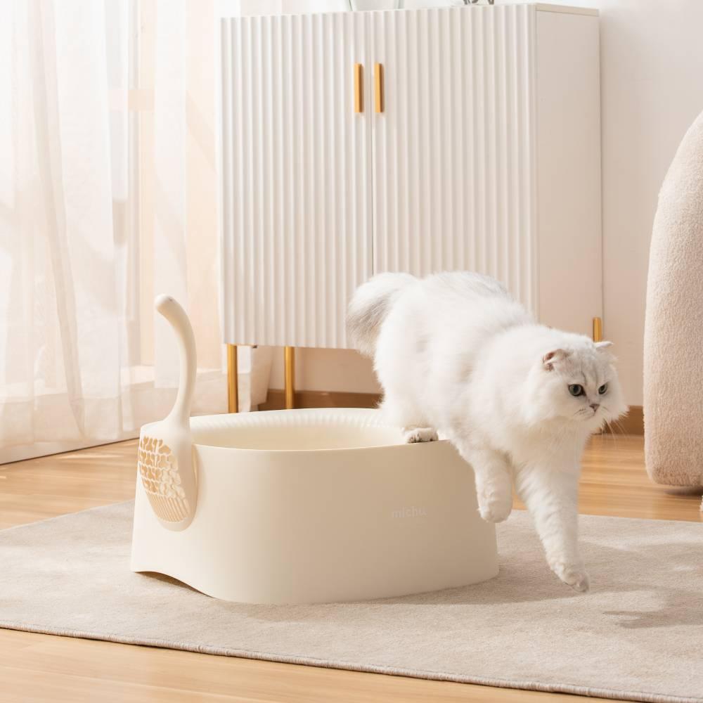 High-Sided Open Cat Litter Box for High-Spraying Cats, Extra Large Deep Anti-Scatter Litter Pan with Scoop, BPA-Free, Easy Clean, Modern Design