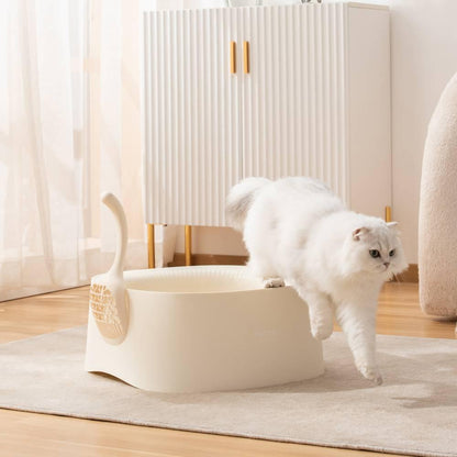 High-Sided Open Cat Litter Box for High-Spraying Cats, Extra Large Deep Anti-Scatter Litter Pan with Scoop, BPA-Free, Easy Clean, Modern Design