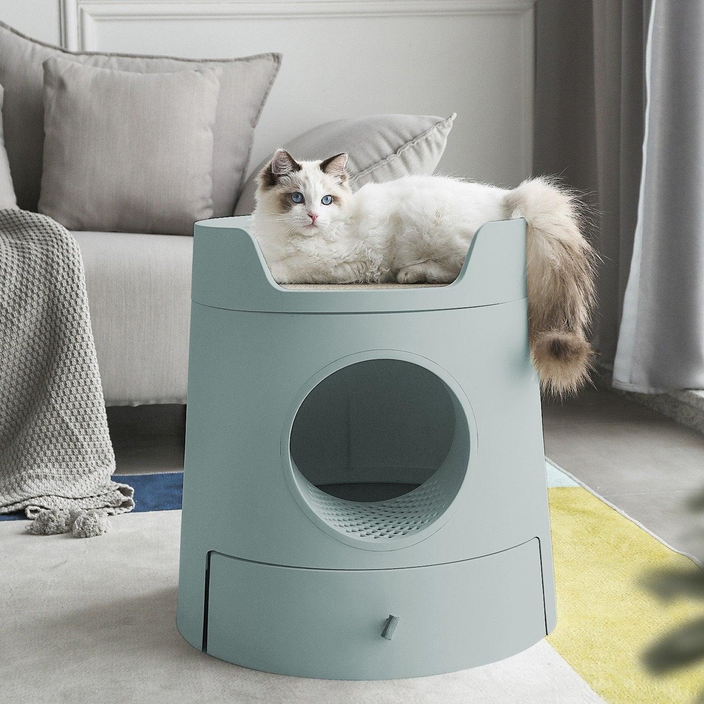 2-in-1 Semi-Enclosed Castle Cat Litter Box for Cats & Kittens, Covered Litter Pan with Pull-Out Tray, Catch Basin & Scoop, Easy to Clean