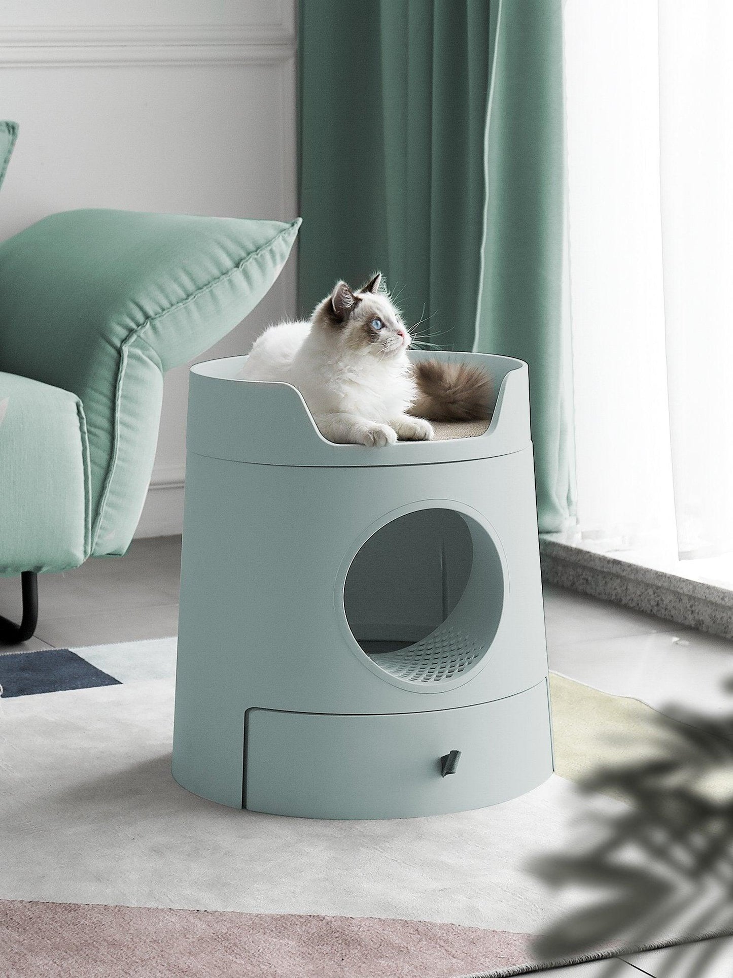 2-in-1 Semi-Enclosed Castle Cat Litter Box for Cats & Kittens, Covered Litter Pan with Pull-Out Tray, Catch Basin & Scoop, Easy to Clean