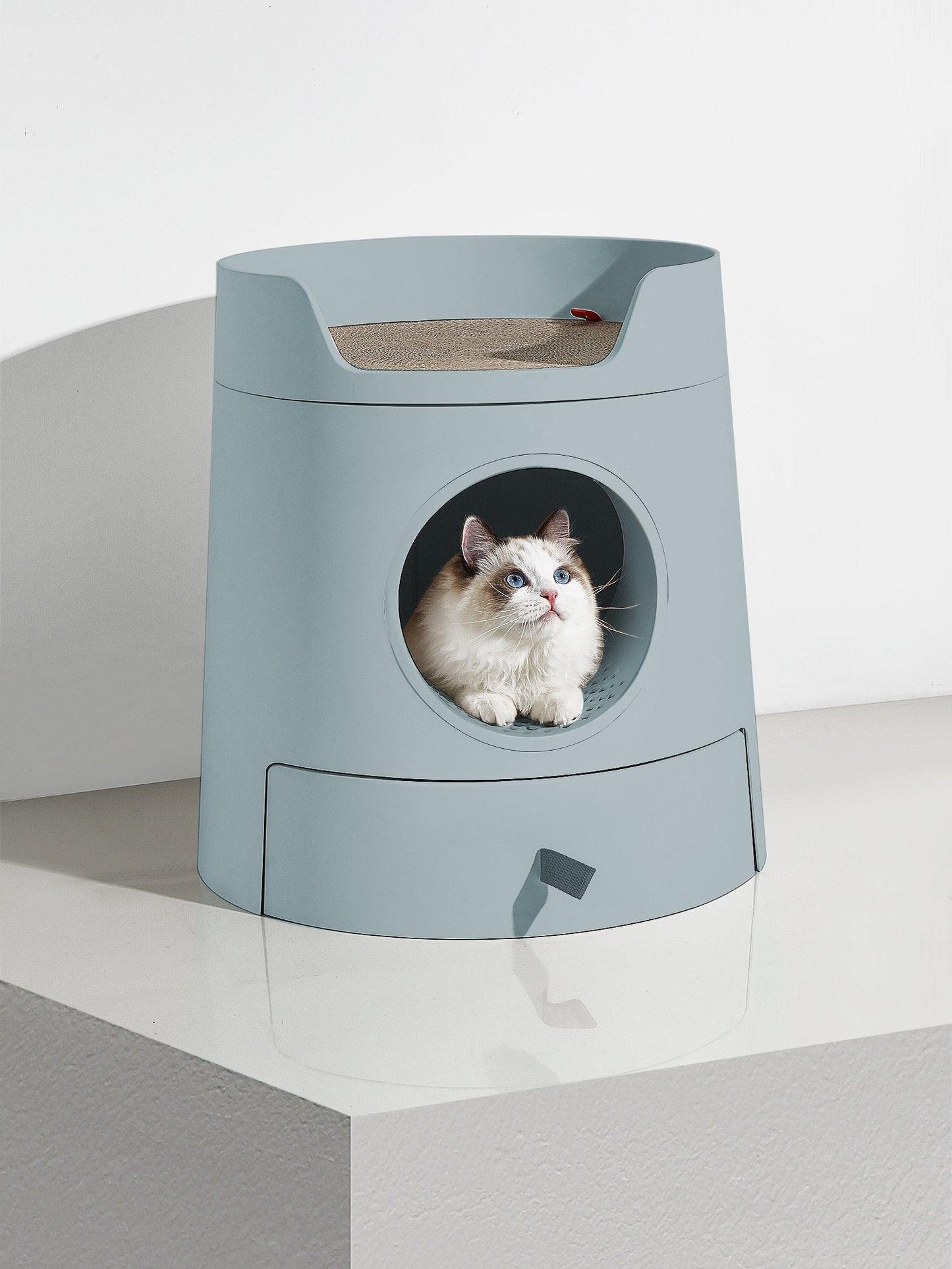 2-in-1 Semi-Enclosed Castle Cat Litter Box for Cats & Kittens, Covered Litter Pan with Pull-Out Tray, Catch Basin & Scoop, Easy to Clean