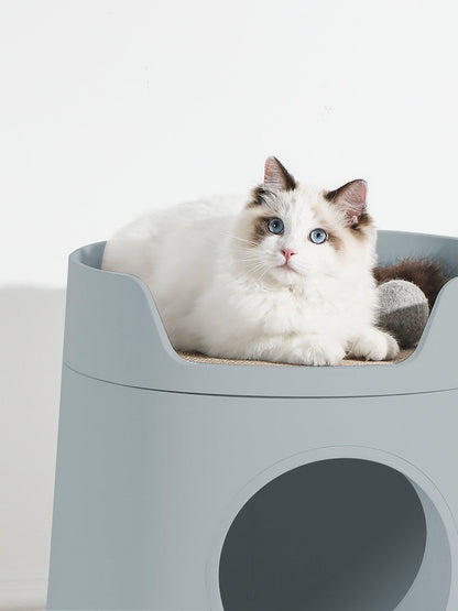 2-in-1 Semi-Enclosed Castle Cat Litter Box for Cats & Kittens, Covered Litter Pan with Pull-Out Tray, Catch Basin & Scoop, Easy to Clean