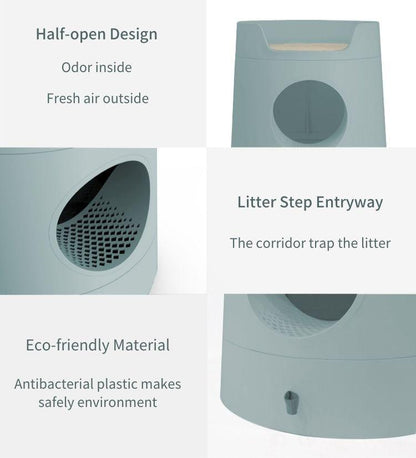 2-in-1 Semi-Enclosed Castle Cat Litter Box for Cats & Kittens, Covered Litter Pan with Pull-Out Tray, Catch Basin & Scoop, Easy to Clean