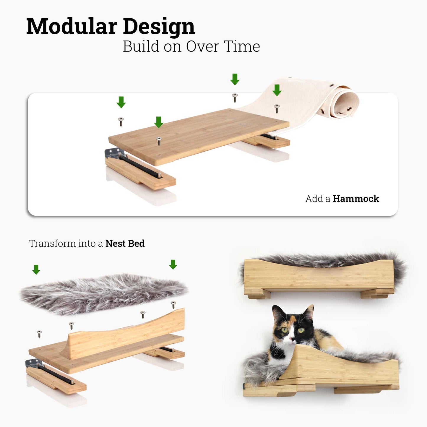 Wall-Mounted Cat Shelf for Indoor Cats, Solid Bamboo Floating Perch with Optional Faux Fur Plush Bed, Space-Saving Wall Furniture for Lounging & Climbing