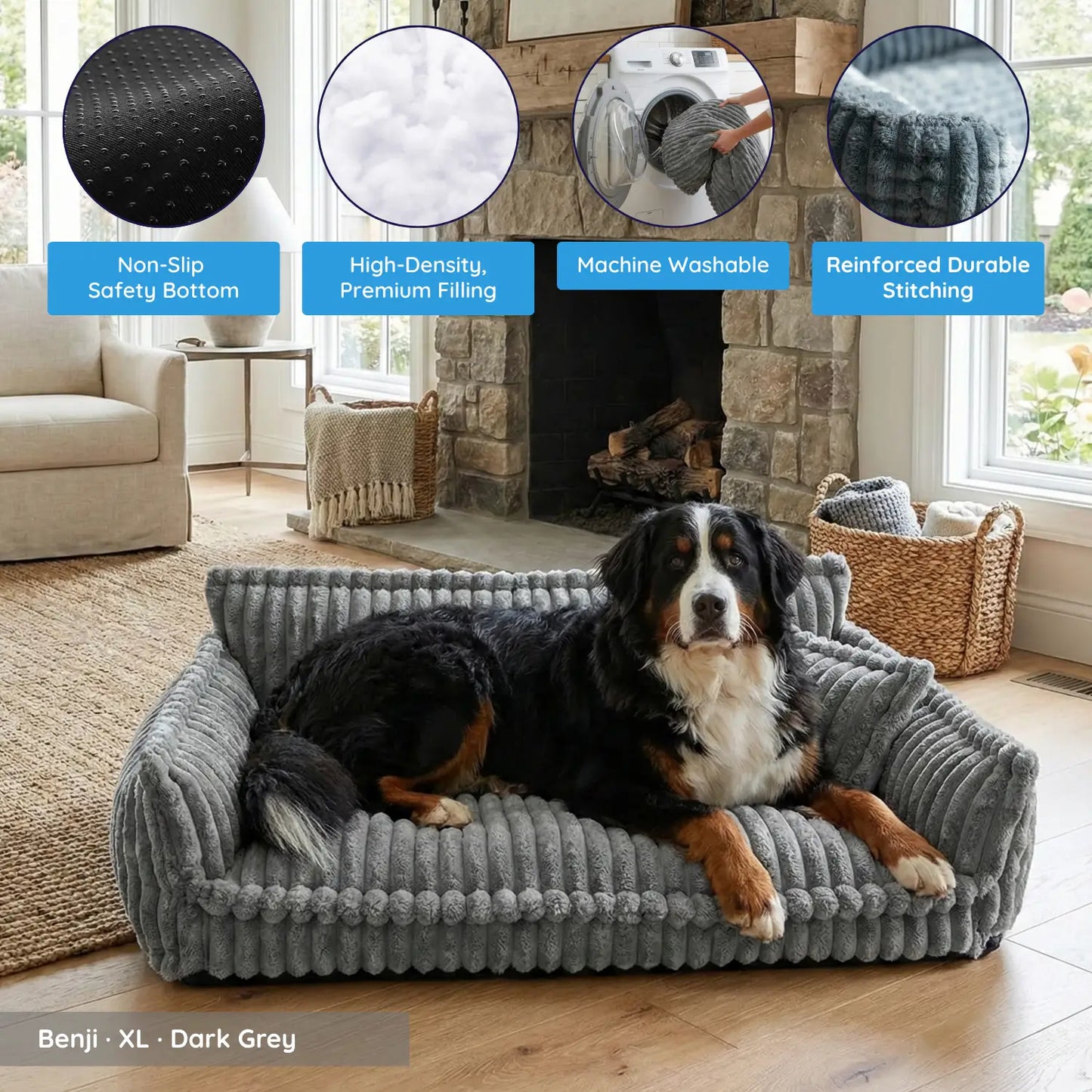 Supportive Dog Sofa Bed for Small, Medium & Large Breeds, Washable Bolster Pet Couch for Calm Sleep, Sized for Chihuahuas to German Shepherds & Labs