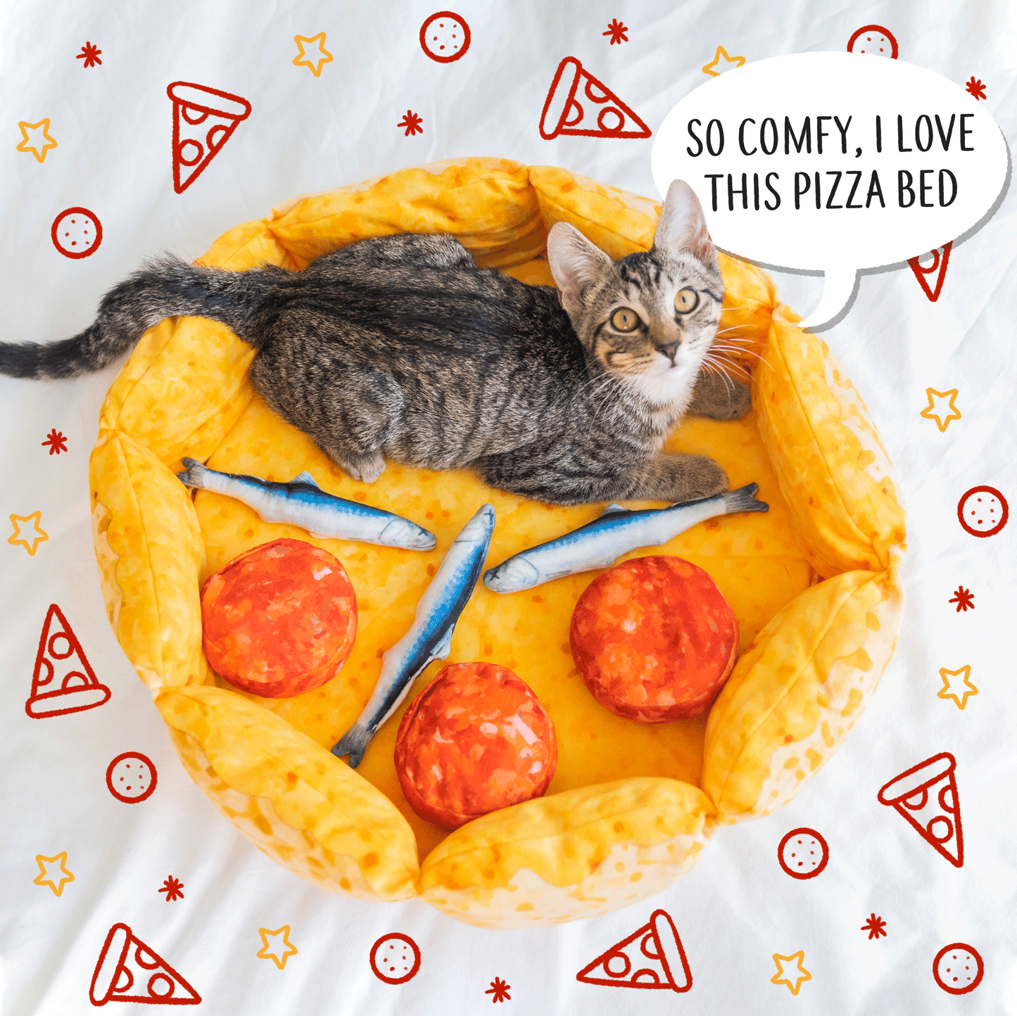 Pizza Cat Bed for Cats & Small Dogs, Fun Plush Round Pet Bed with Detachable Squeaker Toy Pillows, Warm Cozy Novelty Bed for Napping & Play