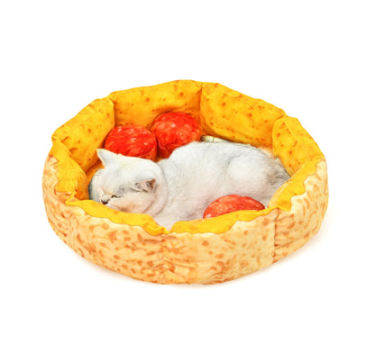 Pizza Cat Bed for Cats & Small Dogs, Fun Plush Round Pet Bed with Detachable Squeaker Toy Pillows, Warm Cozy Novelty Bed for Napping & Play