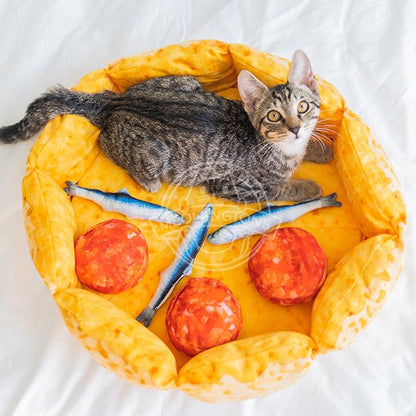 Pizza Cat Bed for Cats & Small Dogs, Fun Plush Round Pet Bed with Detachable Squeaker Toy Pillows, Warm Cozy Novelty Bed for Napping & Play