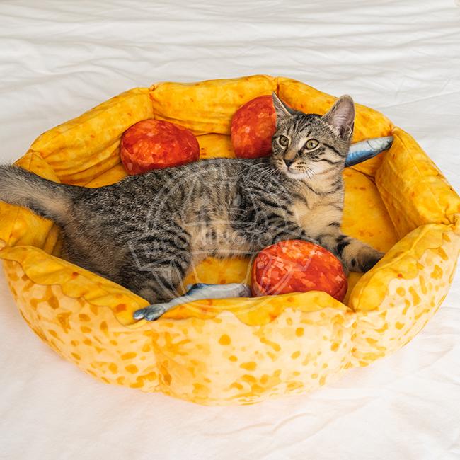 Pizza Cat Bed for Cats & Small Dogs, Fun Plush Round Pet Bed with Detachable Squeaker Toy Pillows, Warm Cozy Novelty Bed for Napping & Play