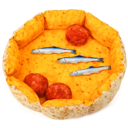 Pizza Cat Bed for Cats & Small Dogs, Fun Plush Round Pet Bed with Detachable Squeaker Toy Pillows, Warm Cozy Novelty Bed for Napping & Play