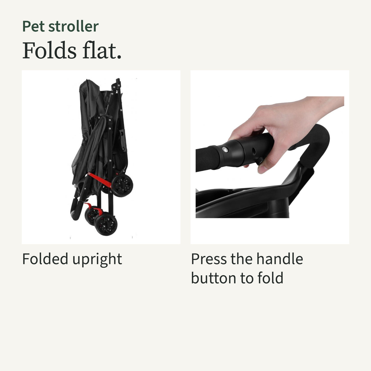 The stroller folded upright, and a hand pressing the fold button on the handle