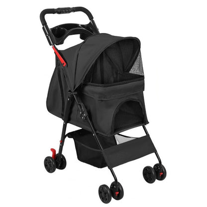 Black four-wheel pet stroller with a canopy compartment, mesh windows, cup tray and under-seat basket