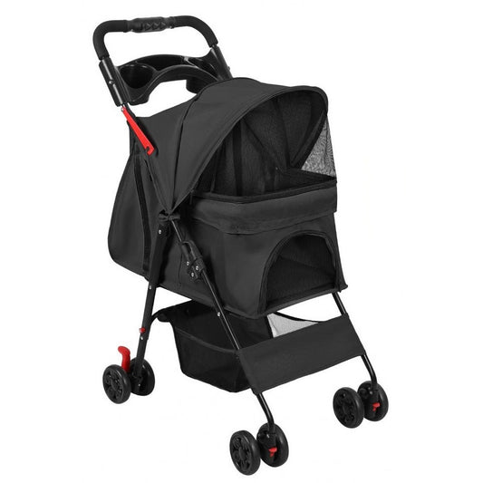 Black four-wheel pet stroller with a canopy compartment, mesh windows, cup tray and under-seat basket