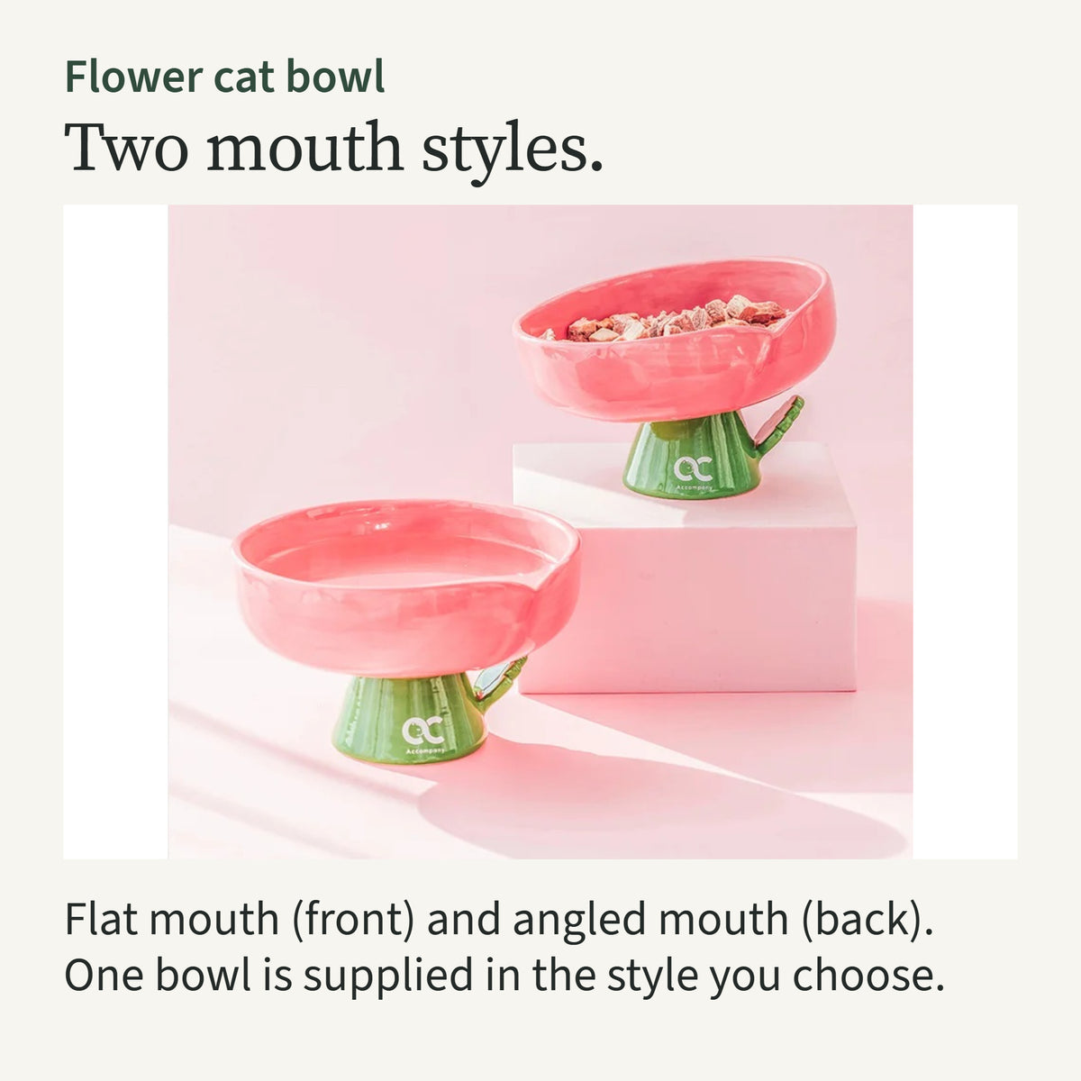 A flat-mouth flower bowl in front of an angled-mouth one on a pink stand