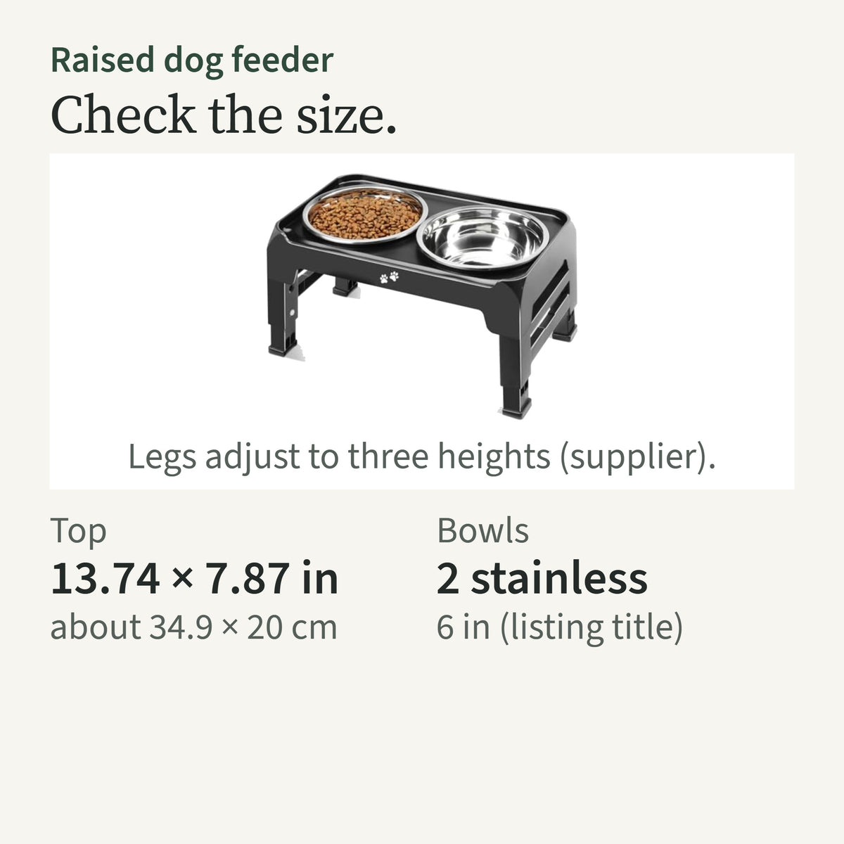 Size card: top 13.74 by 7.87 in; two 6 in stainless bowls