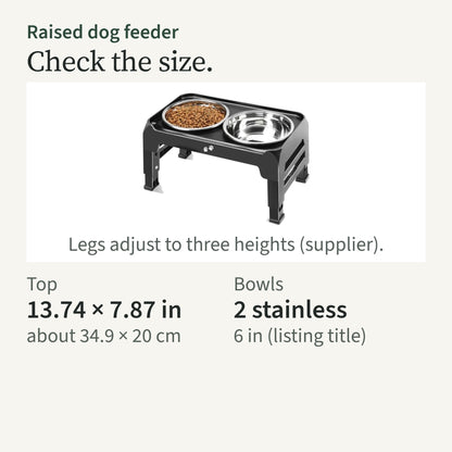 Size card: top 13.74 by 7.87 in; two 6 in stainless bowls