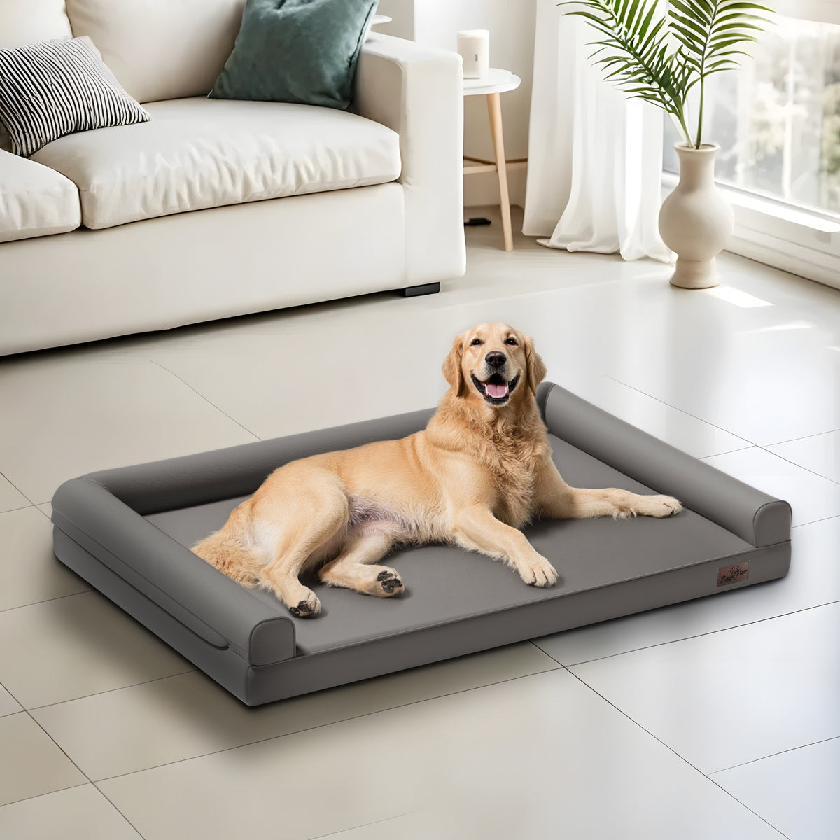 Golden retriever lying on the grey faux-leather bolster bed in a bright living room