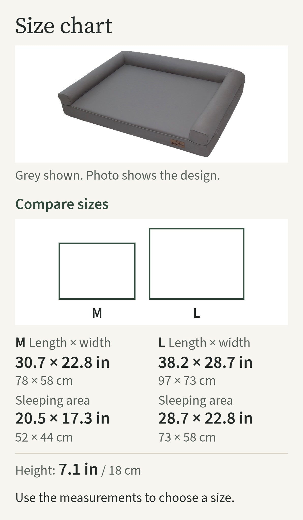 Size chart comparing sizes M, L: M 30.7 by 22.8 in; L 38.2 by 28.7 in; grey shown