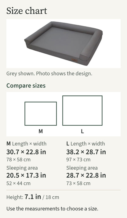 Size chart comparing sizes M, L: M 30.7 by 22.8 in; L 38.2 by 28.7 in; grey shown
