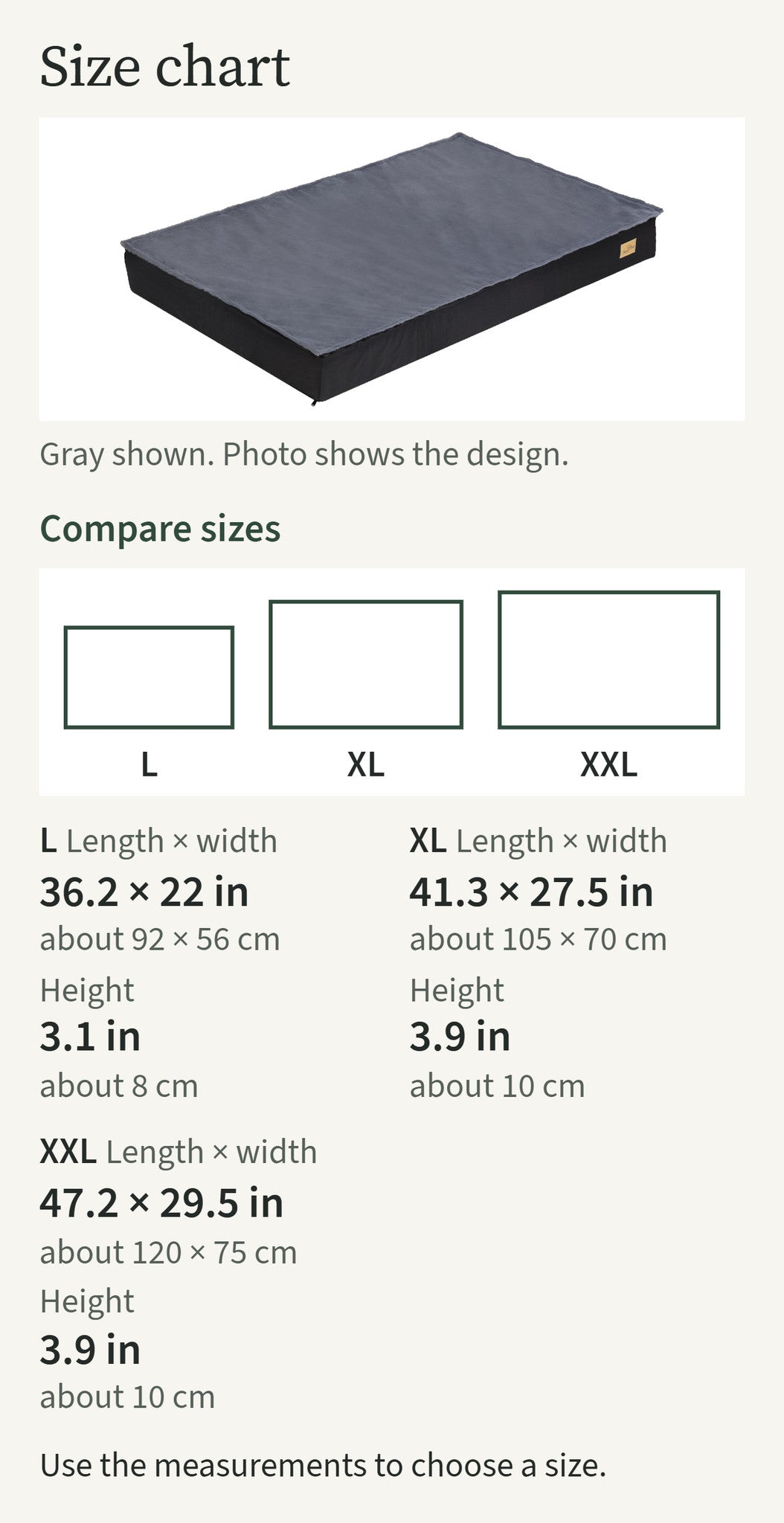Size chart comparing sizes L, XL, XXL: L 36.2 by 22 in; XL 41.3 by 27.5 in; XXL 47.2 by 29.5 in; gray shown