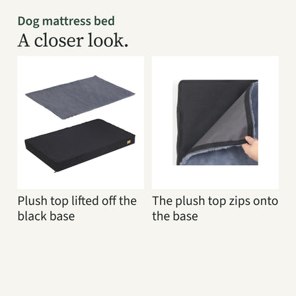 The grey plush top lifted above the black base, and a hand unzipping the plush top from the base