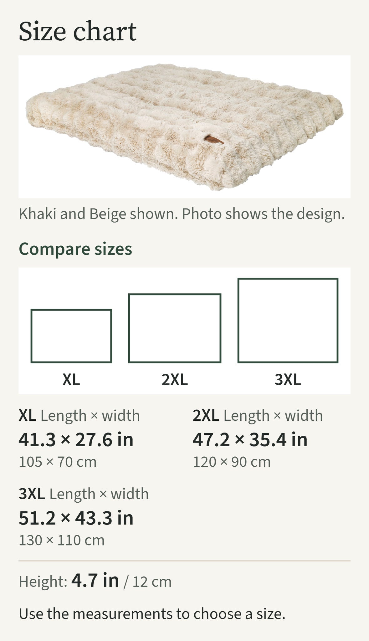 Size chart comparing sizes XL, 2XL, 3XL: XL 41.3 by 27.6 in; 2XL 47.2 by 35.4 in; 3XL 51.2 by 43.3 in; khaki and beige shown