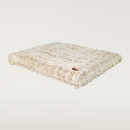 Khaki and Beige plush faux-fur dog mattress with a small brown BingoPaw tag