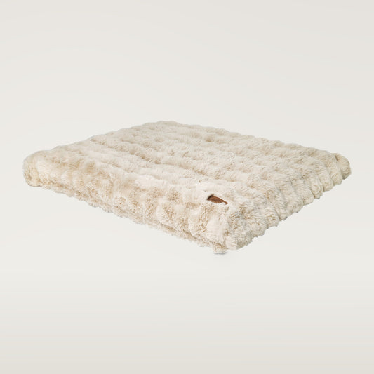 Khaki and Beige plush faux-fur dog mattress with a small brown BingoPaw tag