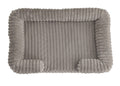 Greyish-taupe ribbed plush dog bed with bolsters and rounded front ends, seen from above on white