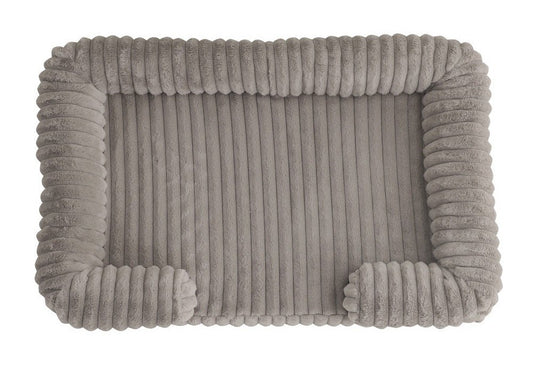 Greyish-taupe ribbed plush dog bed with bolsters and rounded front ends, seen from above on white