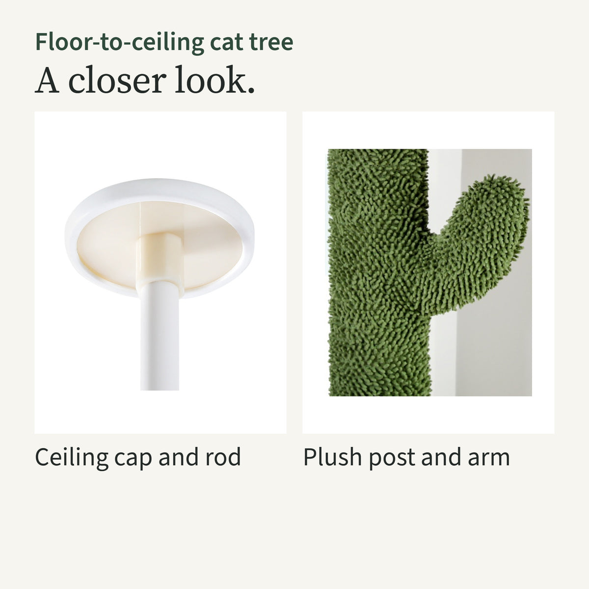 Close-ups of the white ceiling cap and the plush-covered post and arm